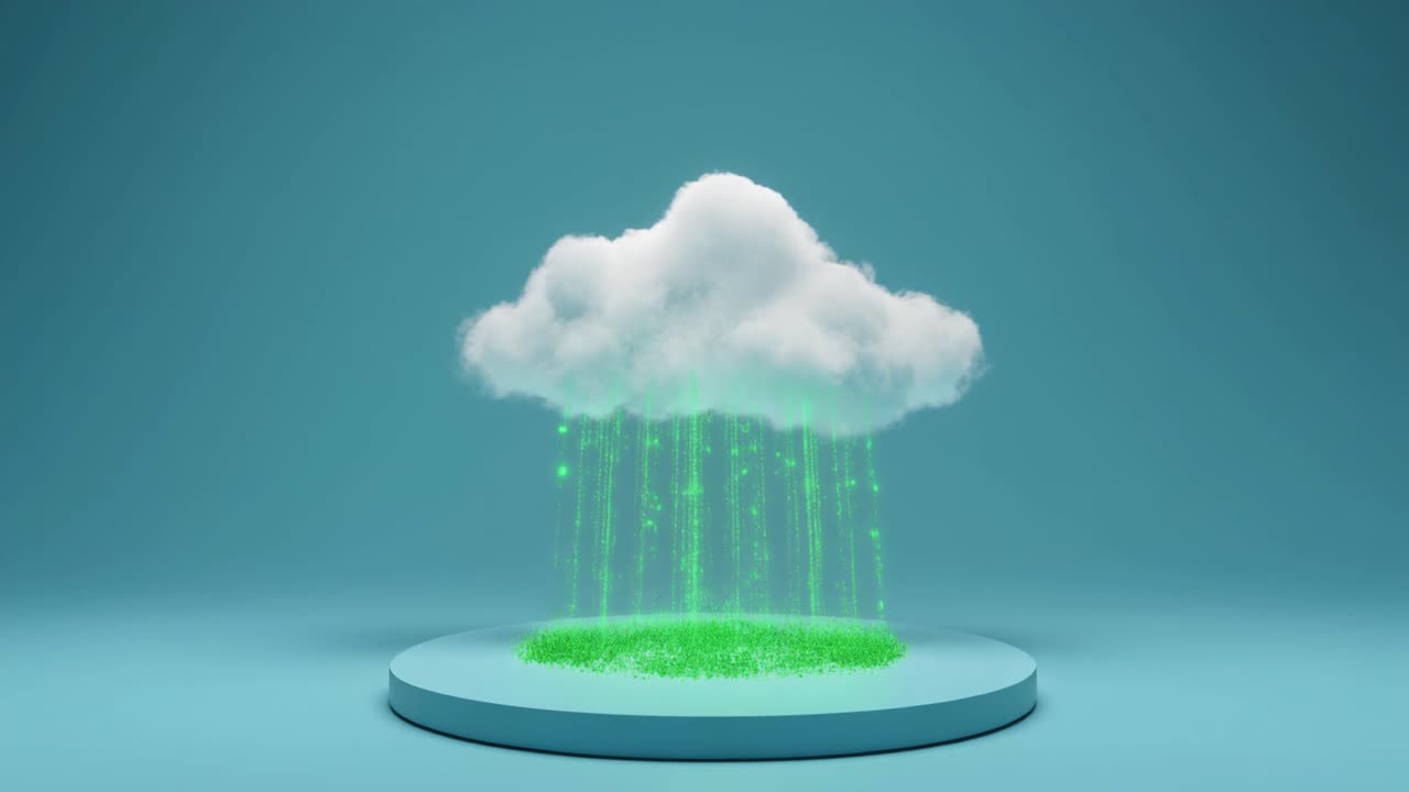 Digital Cloud Raining Green Data Particles on Pedestal