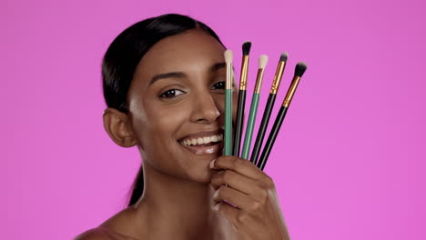 Beauty,-makeup-and-Indian-woman-with-brushes