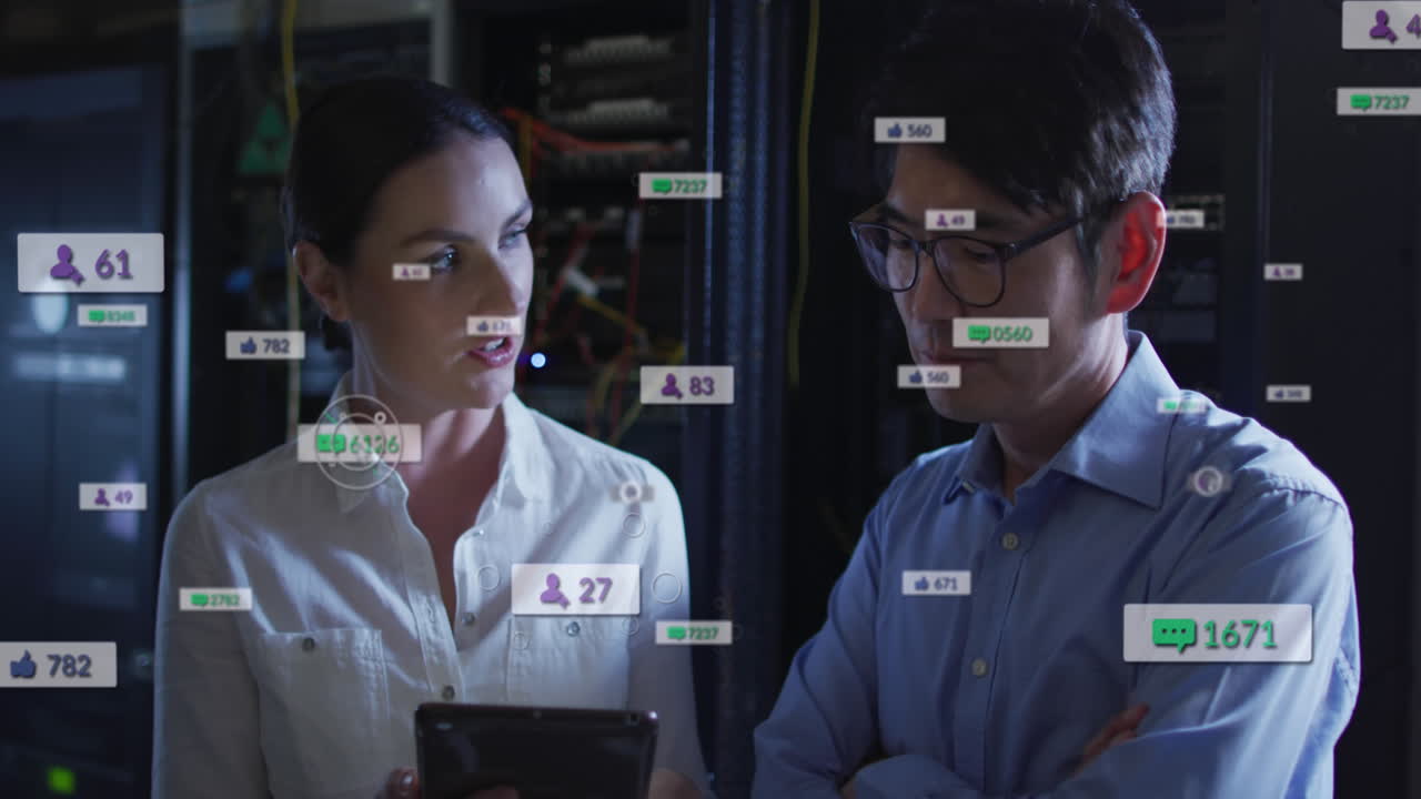 animación del procesamiento de datos a través de diversos técnicos informáticos y servidores informáticos.
