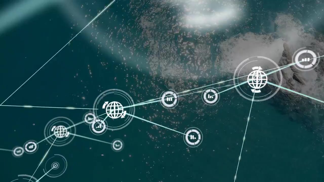 Globe icon appearing nodes forming linking and extending lines pulsing showing data flow over ocean