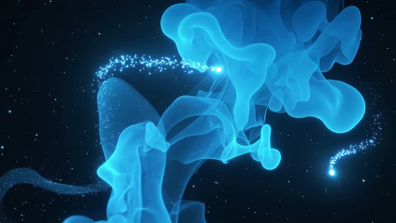 Pennacchio ciano vorticoso che si trasforma in un flusso di particelle che emerge dal basso a sinistra e si avvolge, con stelle.