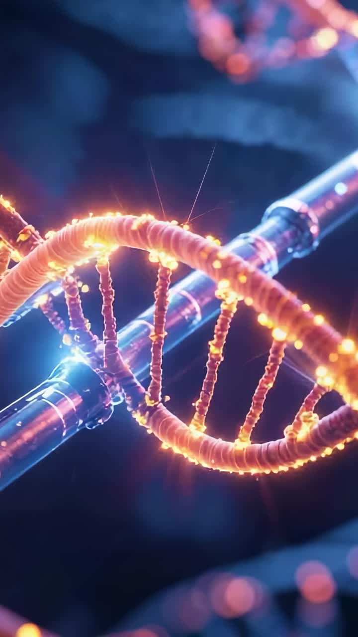 Video verticale: elica di DNA emergente che ruota in una simulazione digitale, nodi pulsanti, asta metallica