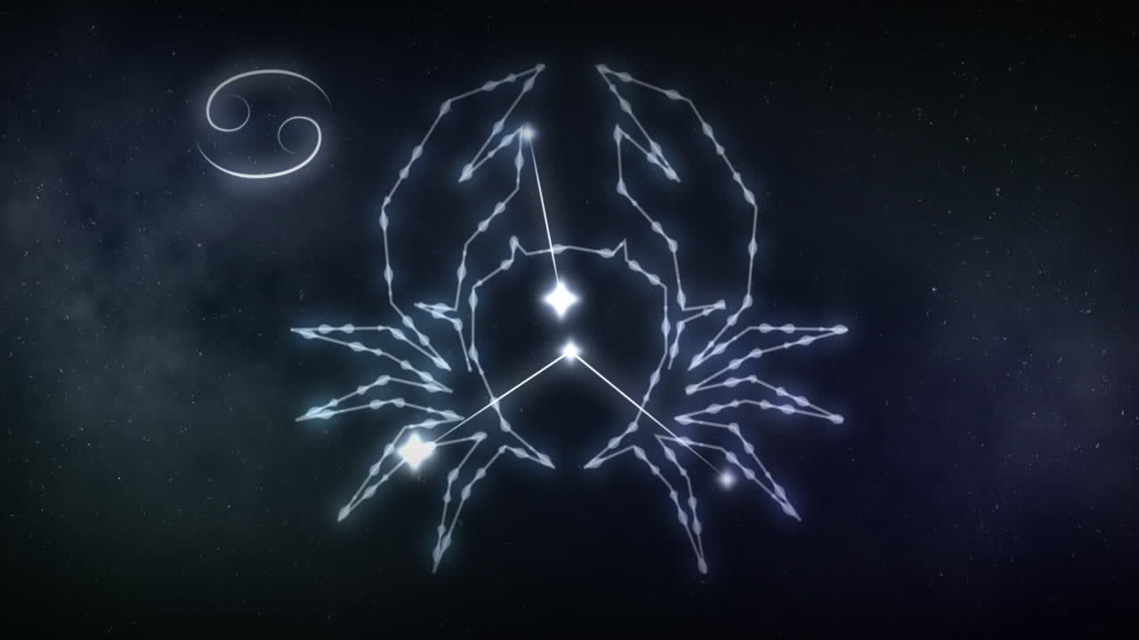 animación de un signo de cáncer con estrellas en fondo negro