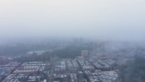 short aerial flight through the fog in uptown new york city