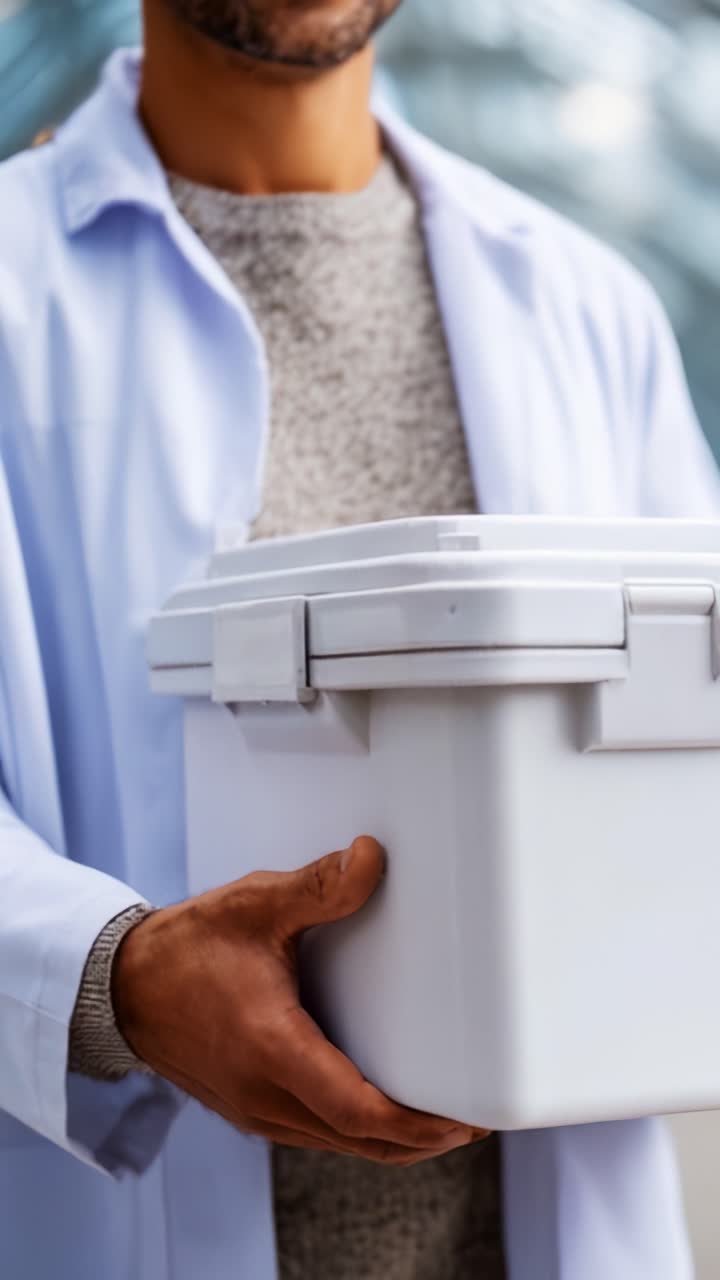 Uma pessoa de jaleco segurando um contêiner de armazenamento branco, demonstrando cuidado ao manusear materiais sensíveis com foco na segurança e precisão em um ambiente de pesquisa