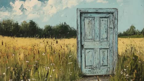 weathered light blue door standing amid wildflower meadow, surrounded by verdant trees beneath expansive blue sky dotted with white fluffy clouds, creating serene pastoral landscape