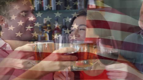 animation of american flag, hand of caucasian man placing last puzzle, diverse friends raising toast