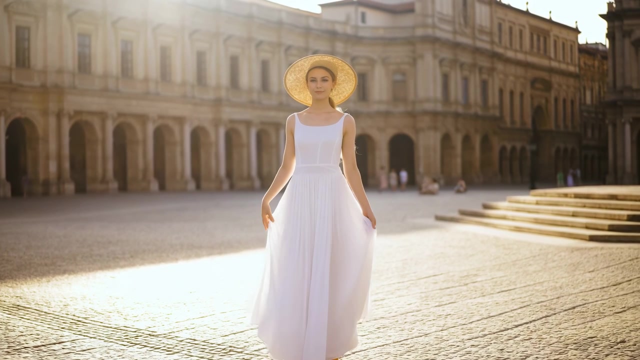 Una donna in abito bianco sta ferma con un'aureola in un grande cortile sereno con architettura storica, immersa in una luce dorata, incarnando una bellezza eterea e un'atmosfera serena, ideale.