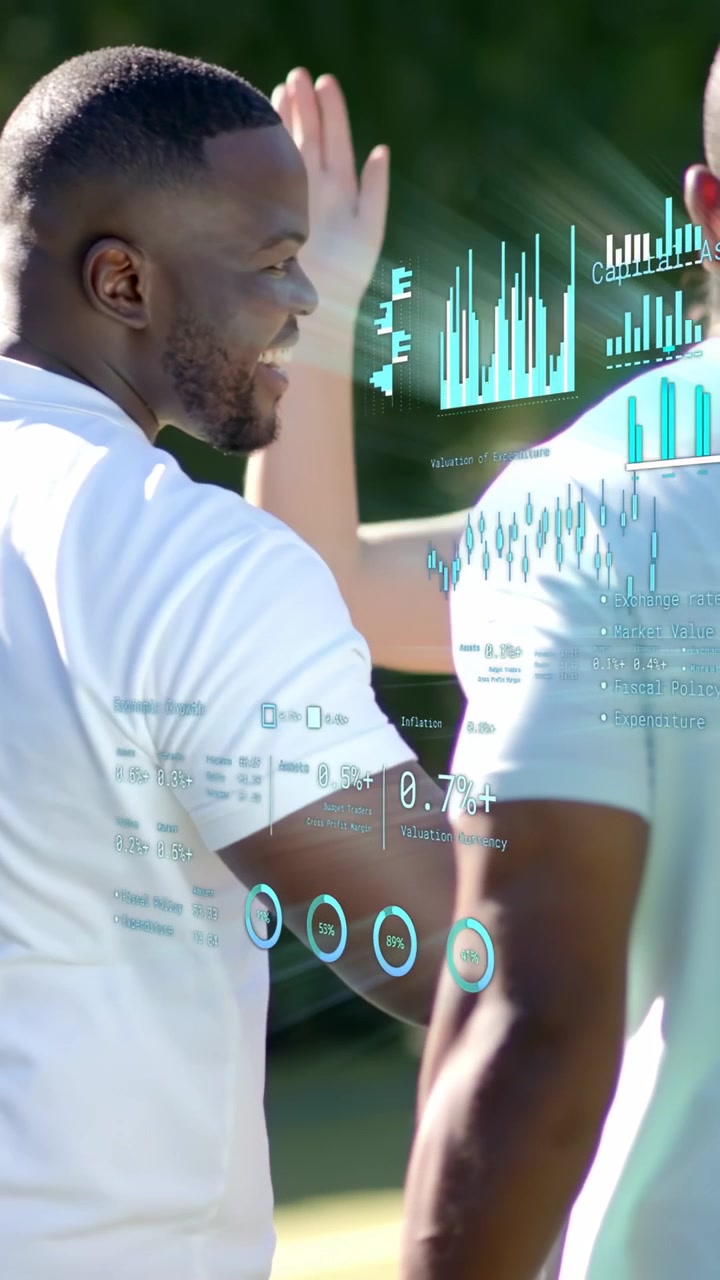Vertical video: Man in white approaching woman with racquet, starting highfiving amid teal tech HUD