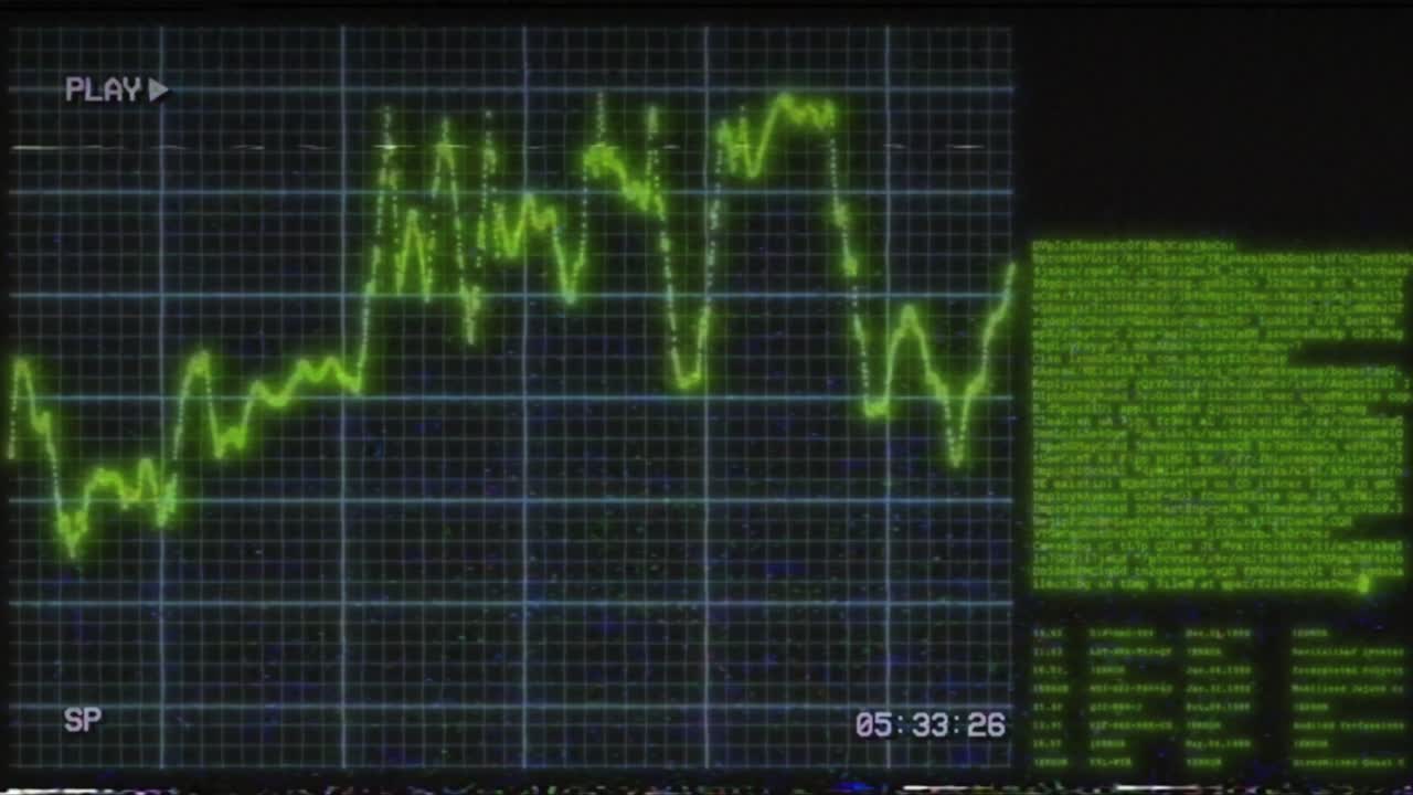 VHS screen digital glitch and noise. Abstract background with animation of growing diagrams and program code on a computer screen. Seamless loop animation