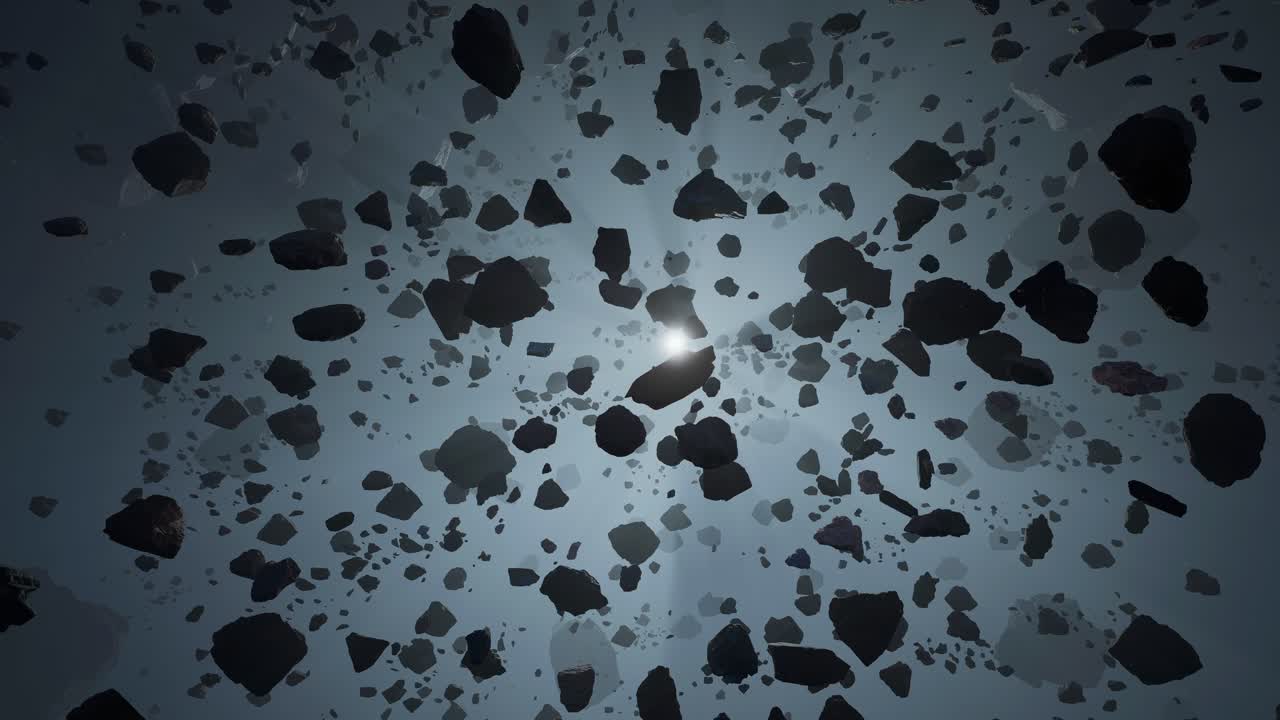 animación 3d de un campo de asteroides en el espacio profundo, disparo lineal cinematográfico panorámico lento