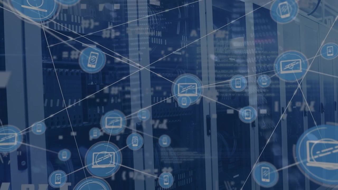 Animation of network of connections with icons and data processing over server room