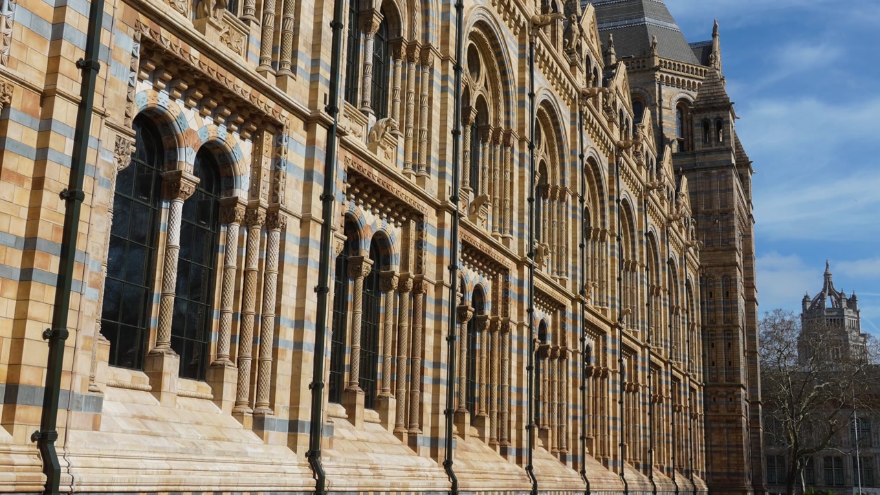 Detailed side view of the Natural History Museum in London showcasing its iconic Romanesque architecture, striped stone facade, and repeating arched windows. The intricate design highlights