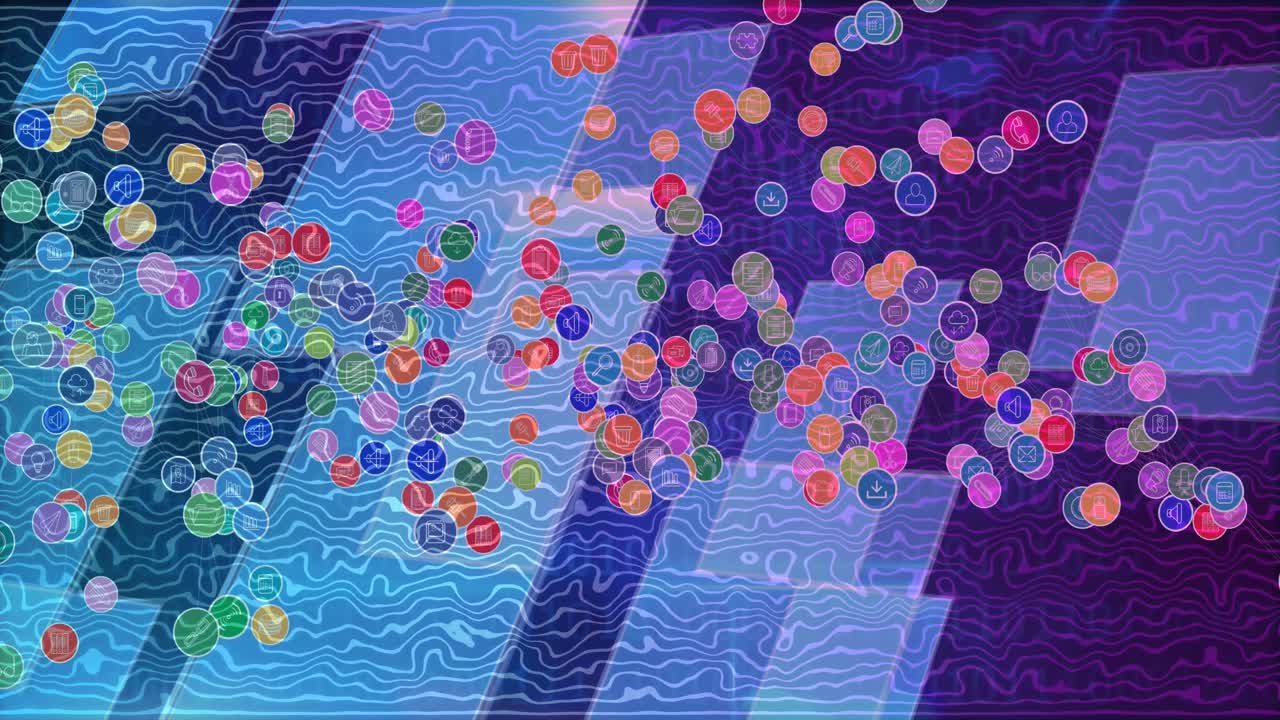 animación de iconos digitales sobre pantallas azules sobre un fondo púrpura con patrones