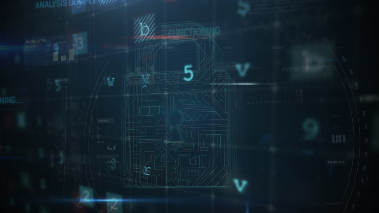 Animation of security padlock over data processing on dark background