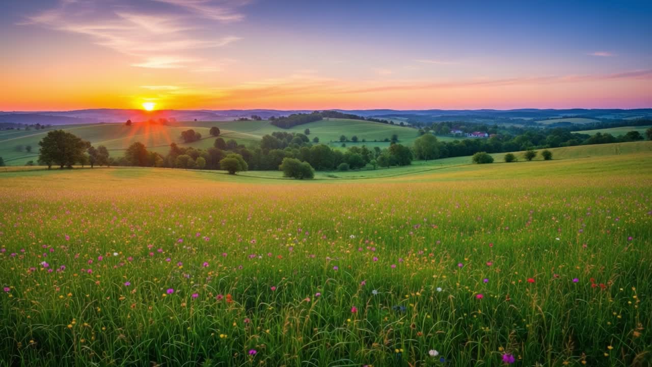 Vibrant Wildflower Meadow at Sunset in Rolling Hills