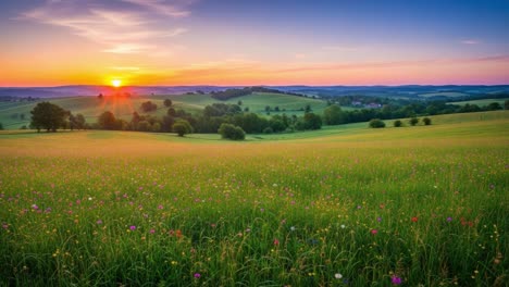 vibrant wildflower meadow at sunset in rolling hills