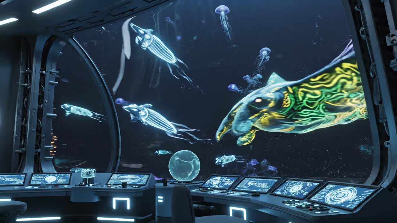 Futuristic Underwater Control Room with Sea Creatures