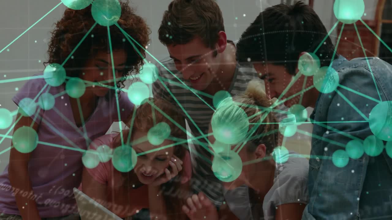Technology team typing laptop keys starting green spheres flowing keyboard and sharing discovery