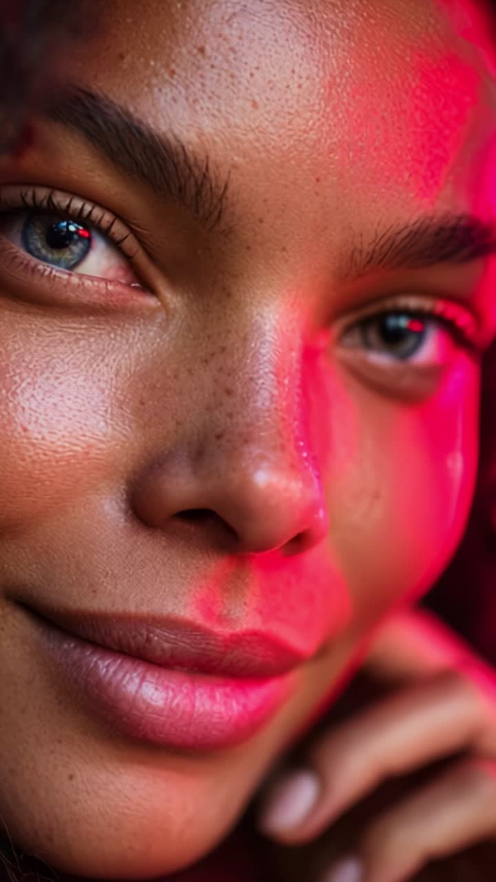 Captivating Close-Up of a Radiant Face Illuminated by Soft Pink Light, Showcasing Natural Beauty and Unique Features in a Stunning Portrait