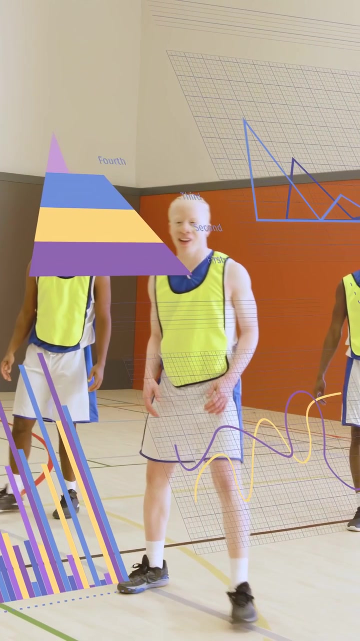 Vídeo vertical: Cinco jogadores de basquete disputando bola solta, atualizando gráficos de RA durante o treino.