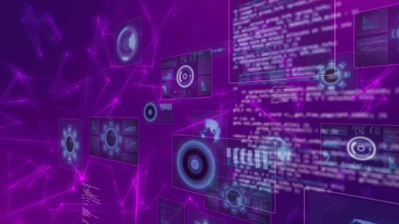 Holographic panels appearing from mid-right, camera moving forward, dials rotating, revealing data