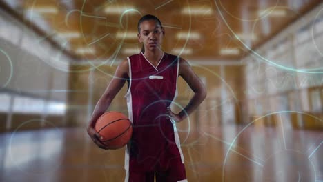 animation of data processing over biracial female basketball player