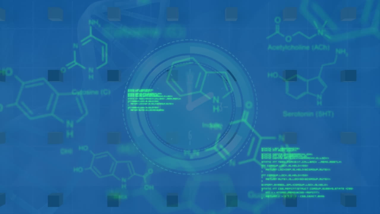 animazione di orologio a neon su strutture chimiche e elaborazione dei dati su sfondo blu