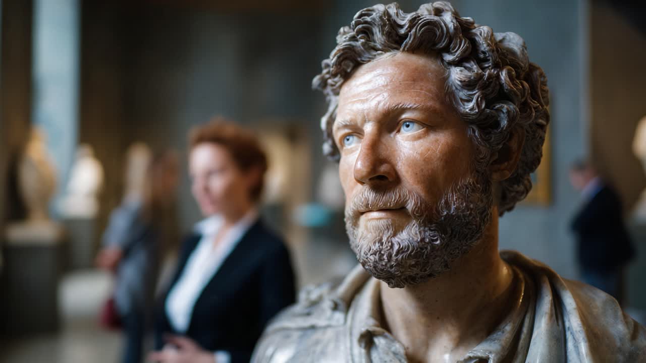 Un busto dettagliato di un uomo espressivo in un ambiente museale, che coglie le minuzie della scultura antica su uno sfondo di appassionati d'arte.