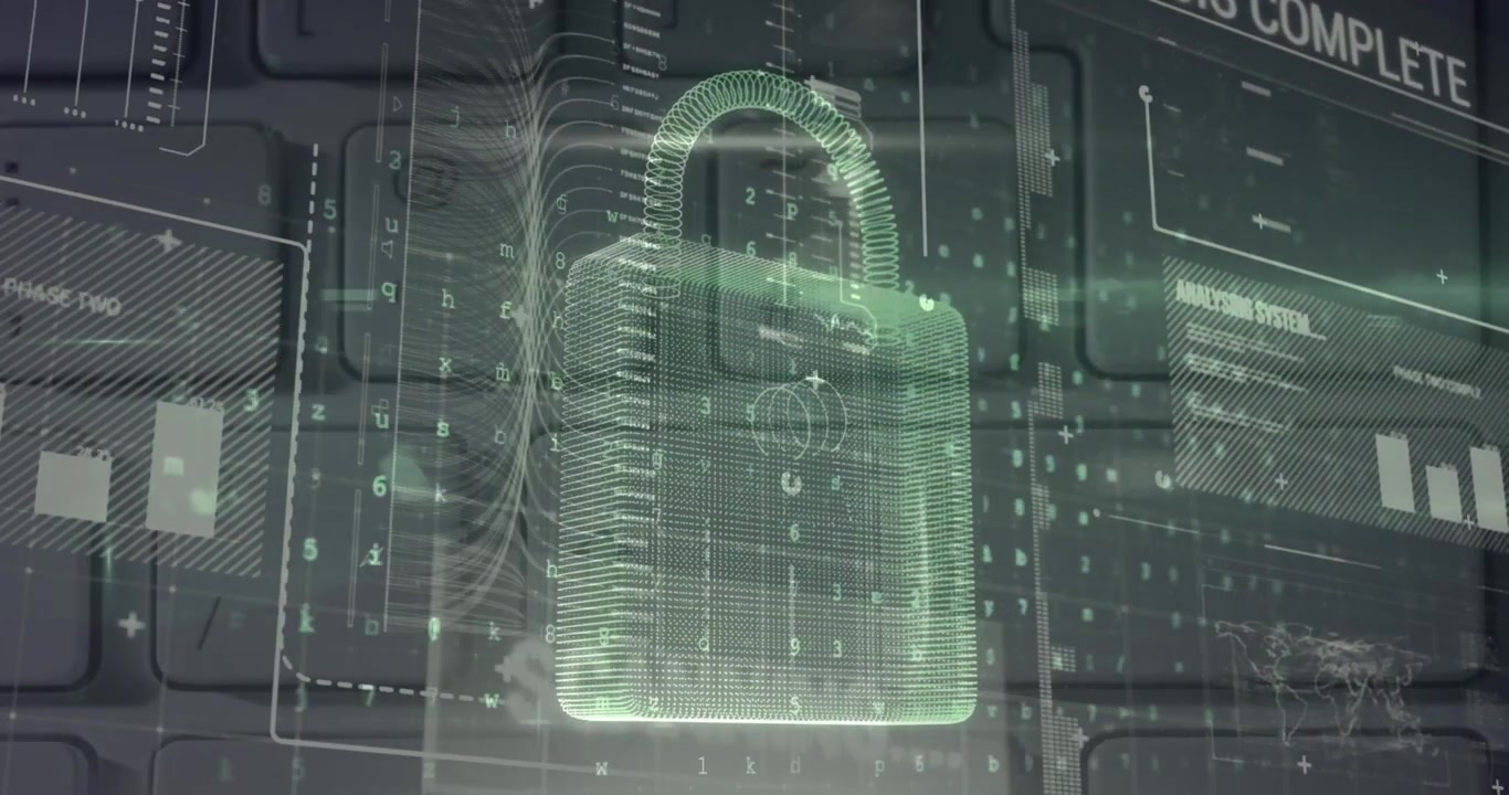 Animation of security padlock and data processing over navy background