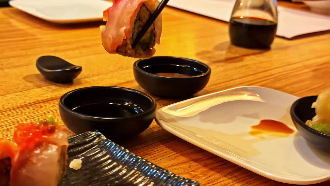 Porzione di sushi roll della cucina giapponese e zenzero marinato intinto nella salsa di soia