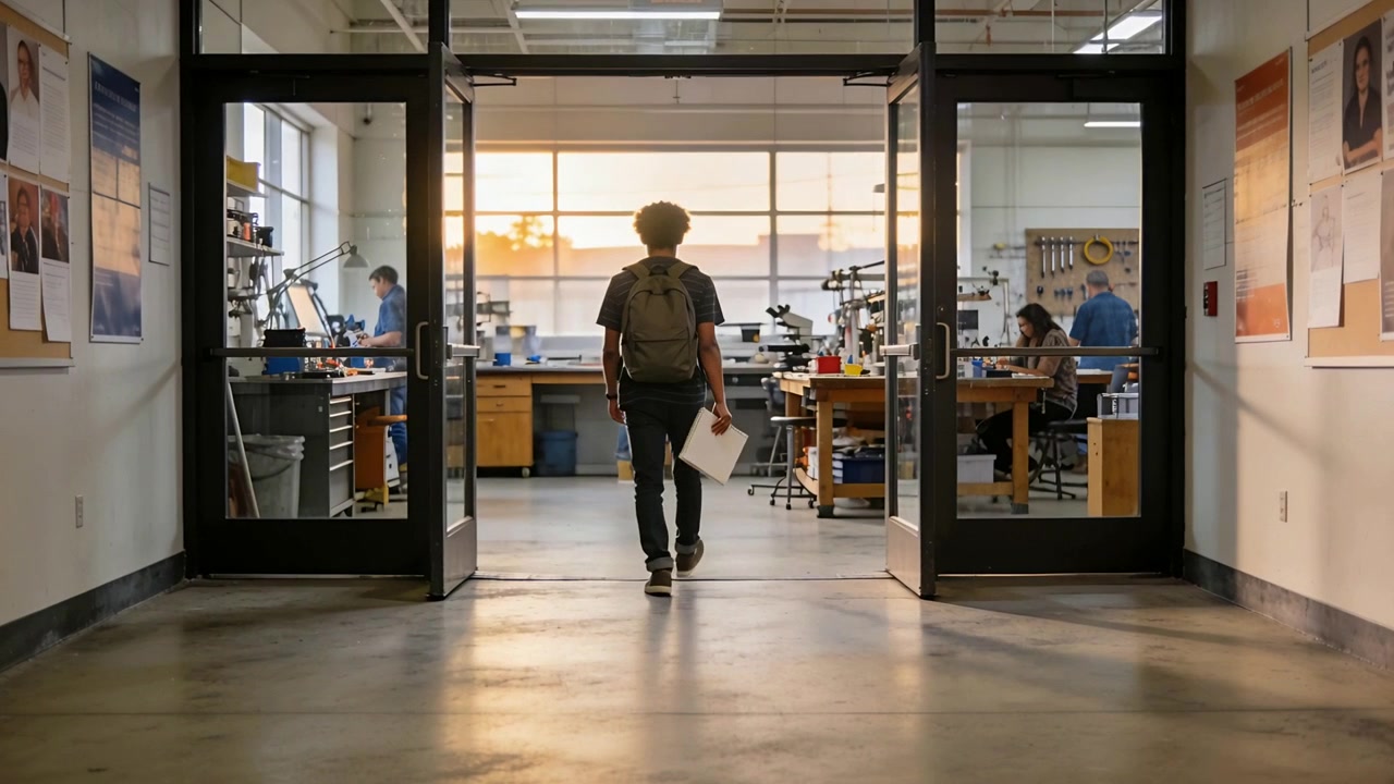 Student Walking Into a Bright Workshop Classroom