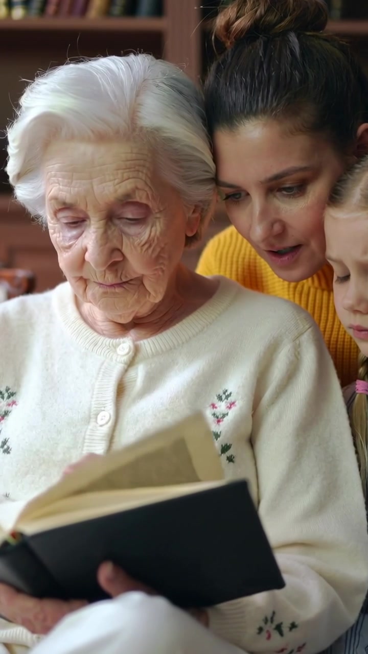 Video verticale: Apertura di un libro con copertina rigida, nonna che sfoglia le pagine e racconta una storia a casa, libreria.