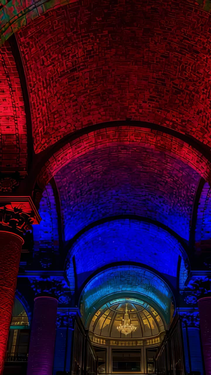 Vertical video: Cycling colored lighting over vault and dome at entry, with chandelier for drama