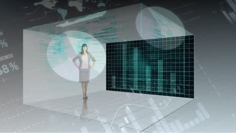 Businesswoman-standing-in-cube-projecting-statistical-data