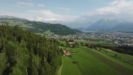 Aerial-of-a-forest-with-a-small-town-and-mountains-in-the-background