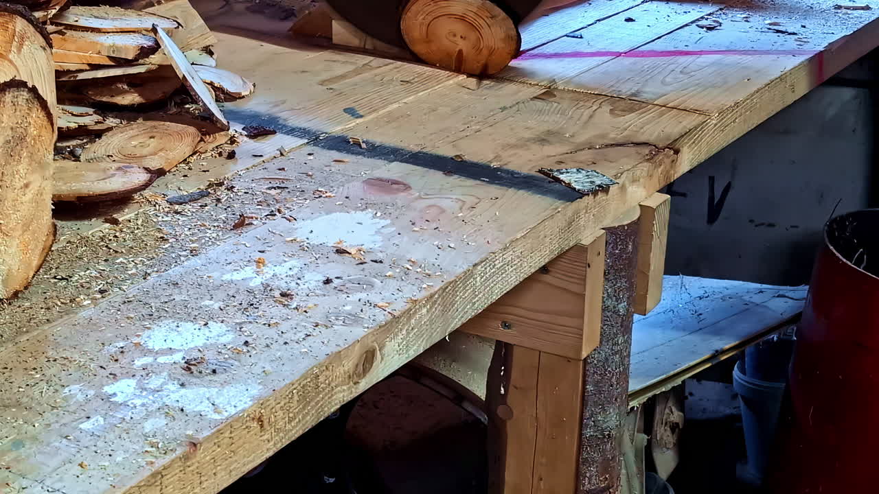 Plank Table With A Man Working In A Sawmill. Close-up, Slow Motion Shot