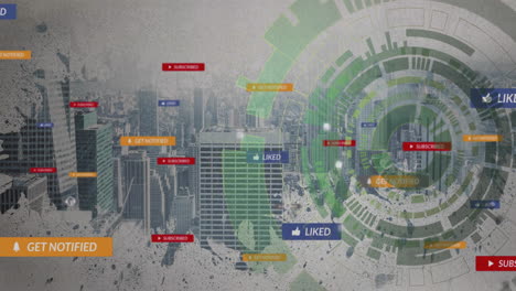 animation of digital notifications and social media icons over urban cityscape