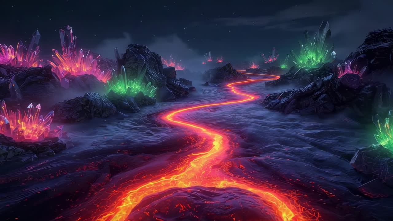 Starting shot, camera gliding along glowing lava river under starry sky, revealing neon crystals