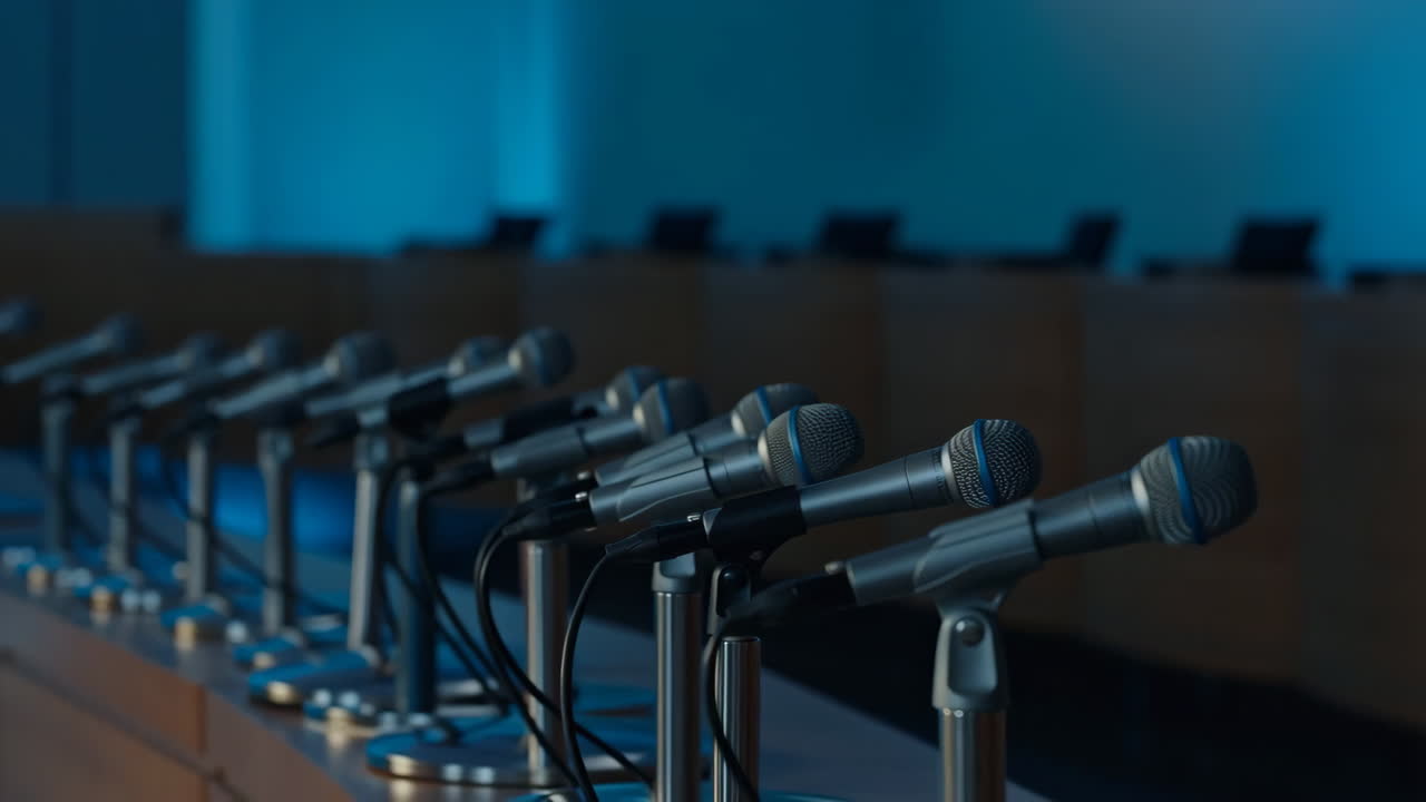 A row of microphones on a table in an empty, dimly lit conference or press conference room