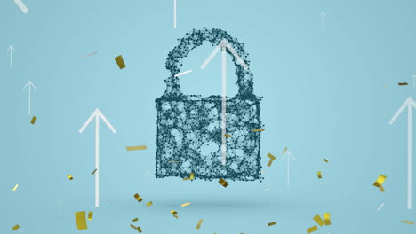 animation of confetti falling over digital padlock and arrows on blue background