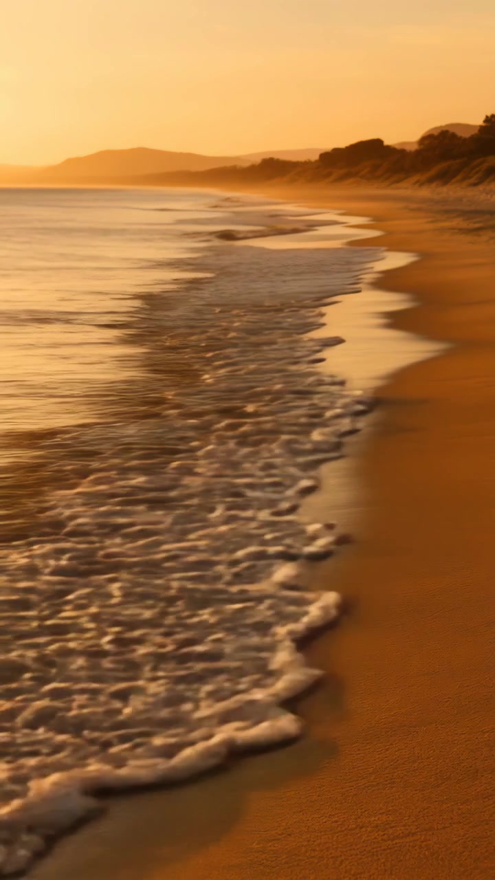 Blide havbølger ruller ind på en sandstrand ved solnedgang