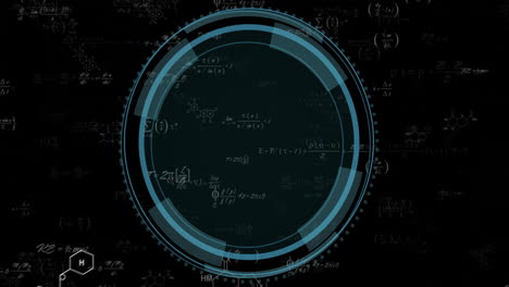 mathematical equations and chemical formulas animation over blue circular interface
