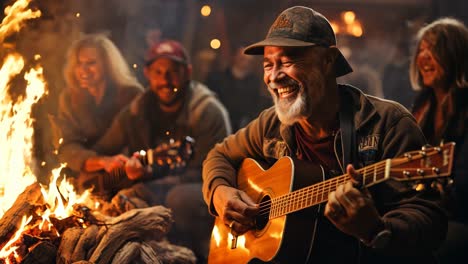 happy musicians gather around a campfire to play music at night