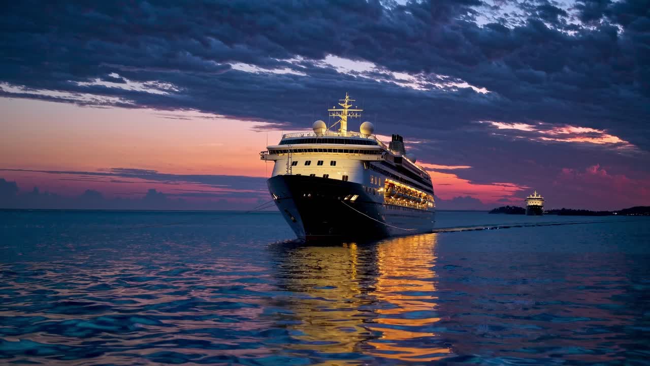 Un video con angolazione bassa cattura una nave da crociera che naviga al tramonto, evidenziandone la grandezza.
