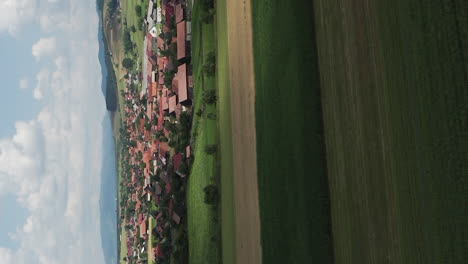 Vertical-flyover-above-houses-and-farmland-around-Delnita,-Romania