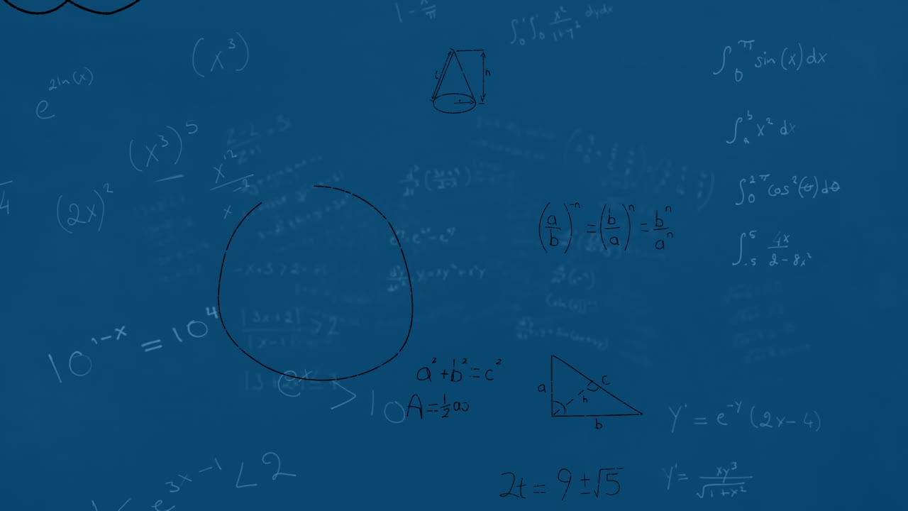 Animation of mathematical equations and diagrams floating against blue background