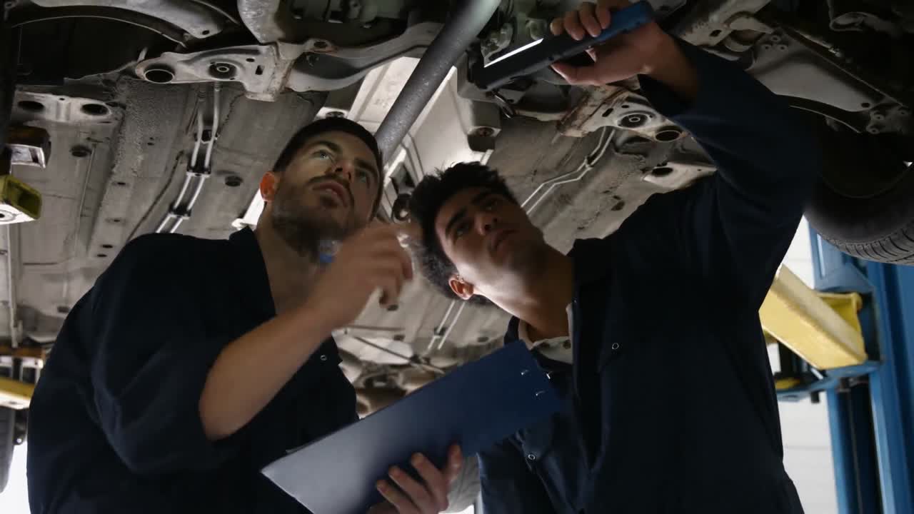 Handsome mechanics overhauling a car