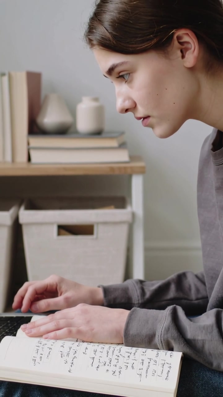 Verticale video: Voorovergebogen tienermeisje typt op laptop, studeert met notitieboekje thuis, draagt grijze top.