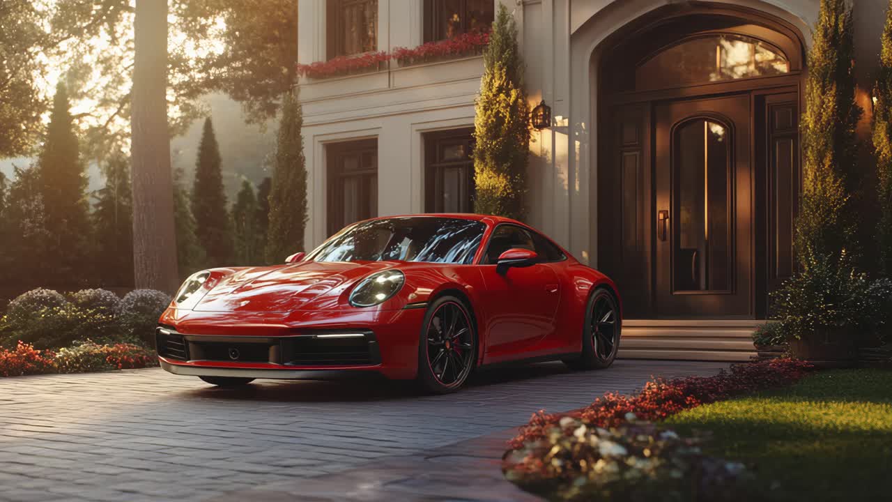 Red Sports Car in Front of a Luxurious Mansion